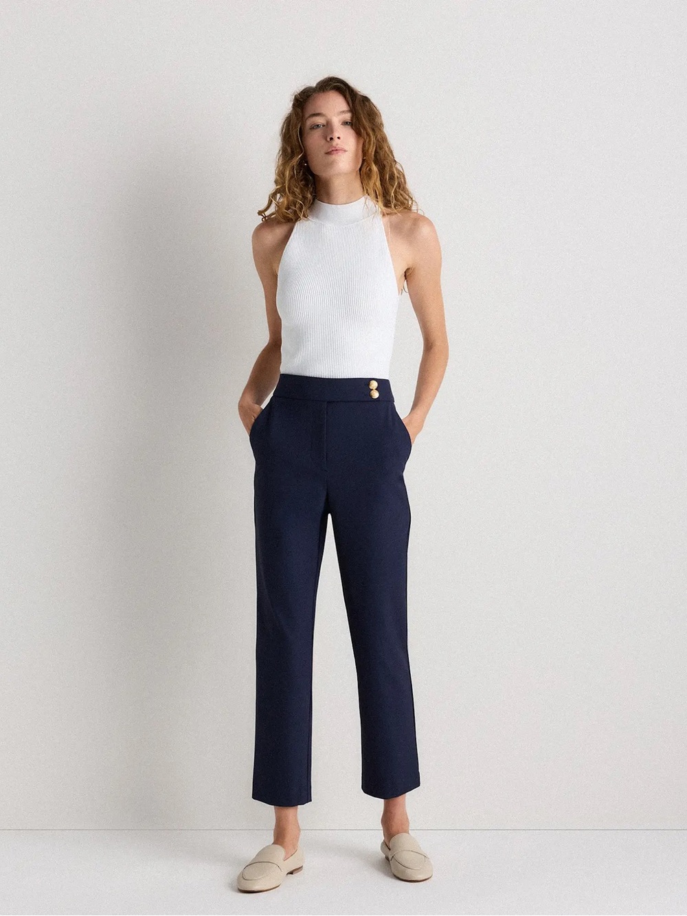 Quince Scuba Slim Navy Woven Ankle Pants Size 6